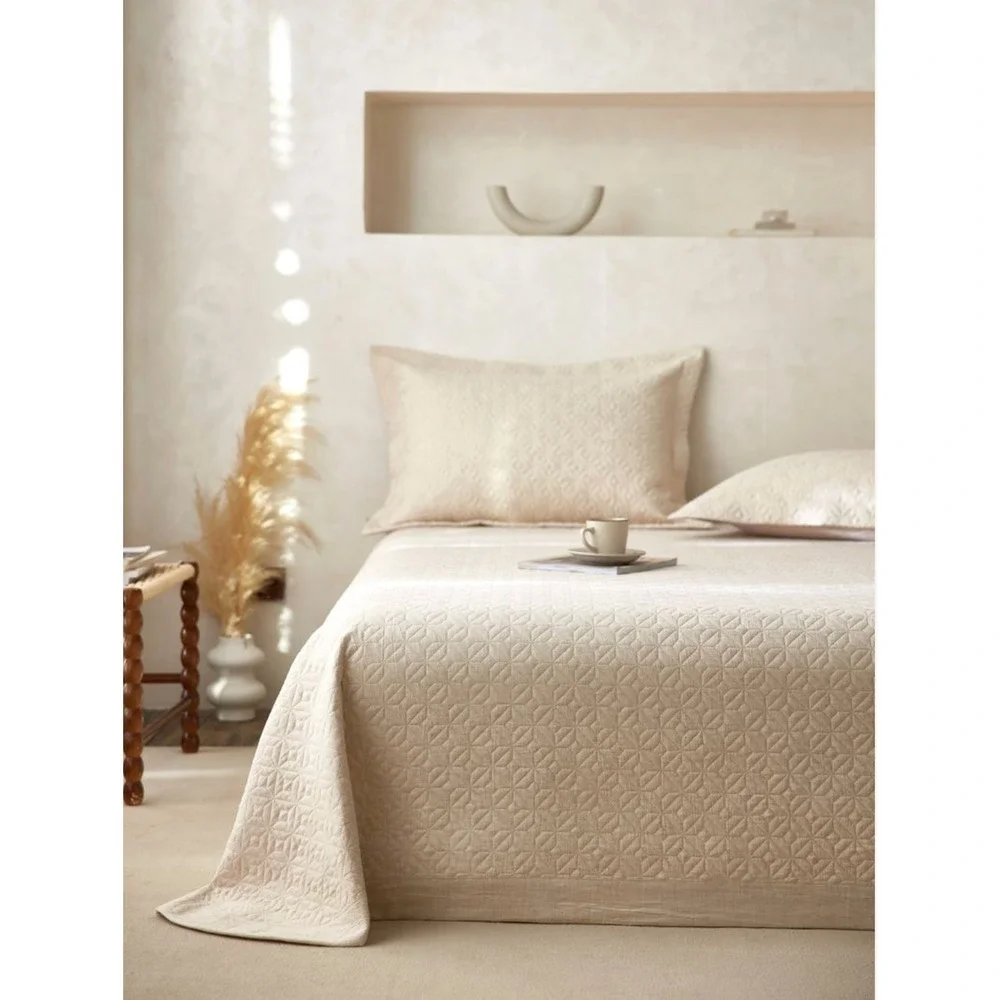 Manjusaka Linen Quilt Coverlet Set Pillowcases Queen Top Grade Natural Luxury